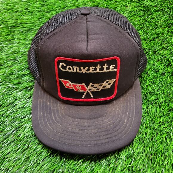 VTG 70s 80s Corvette C3 Crossed Flags Patch Trucker Hat Speedway Taiwan - Picture 1 of 9
